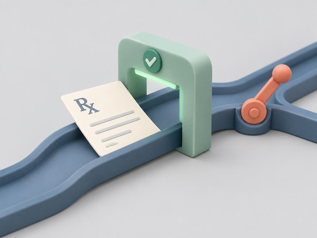 Clay illustration of a prescription passing through a validation gate